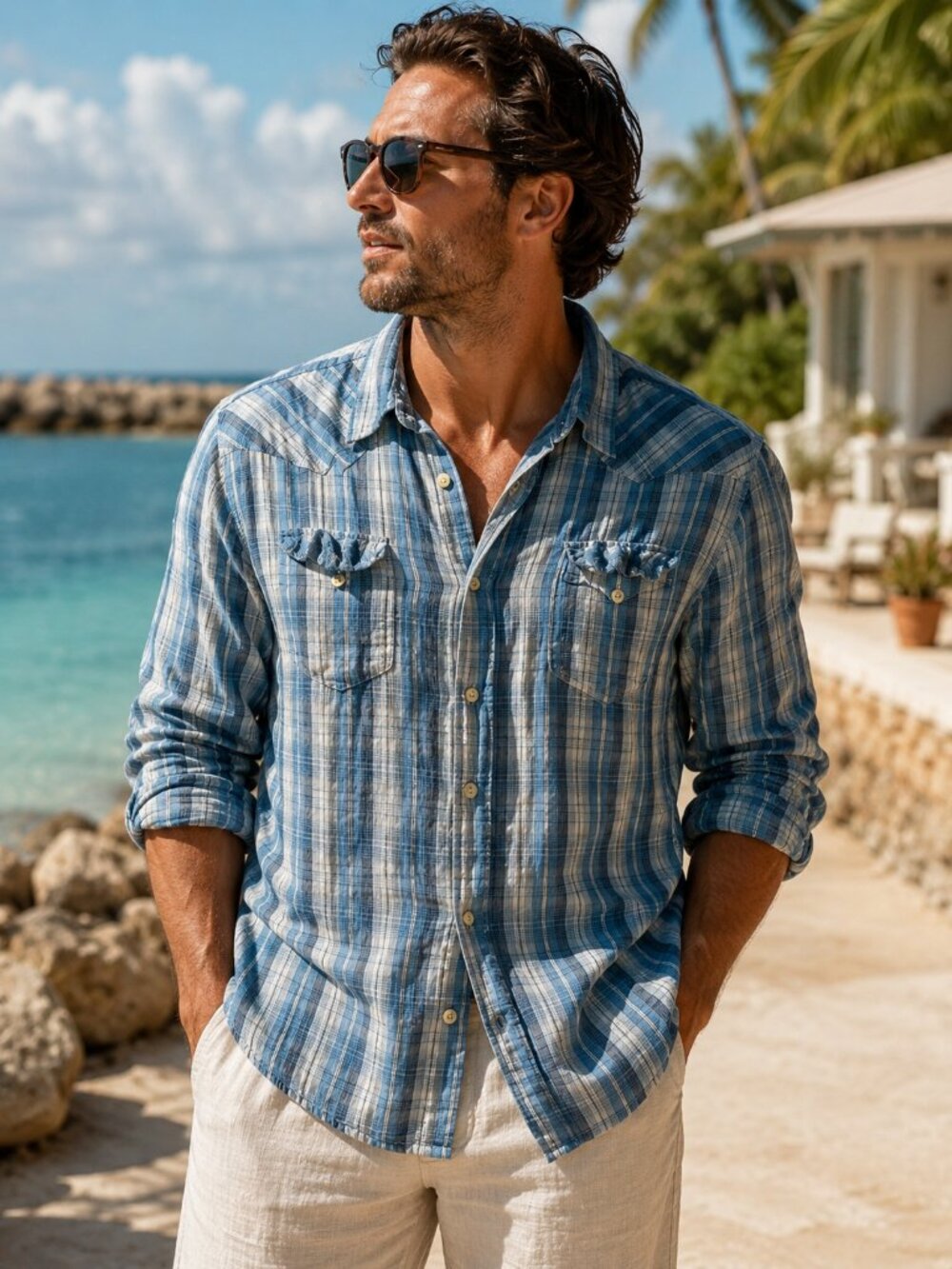 Lucky Brand 100 Percent Linen Blue Plaid Western Shirt XL Tall
